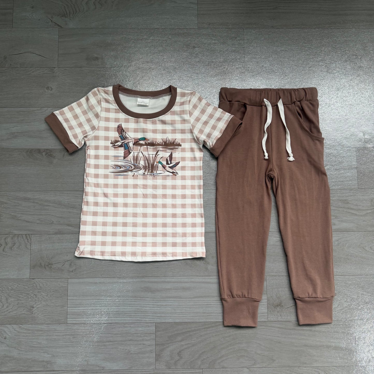 Short sleeves plaid duck plaid top pocket pants boys outfits