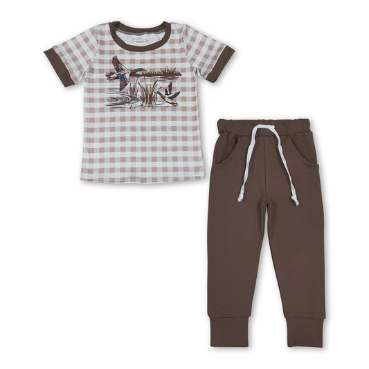 Short sleeves plaid duck plaid top pocket pants boys outfits