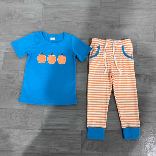 Blue pumpkin embroidery top pants boys fall clothes