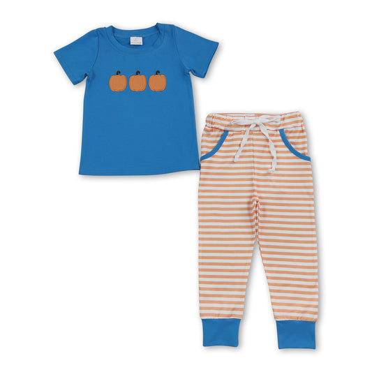Blue pumpkin embroidery top pants boys fall clothes