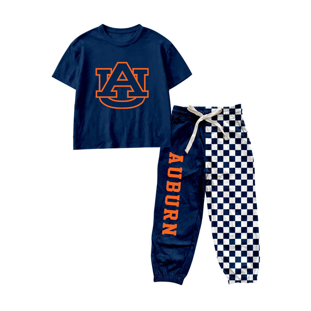 Short sleeves A U top plaid pants kids boys team outfits