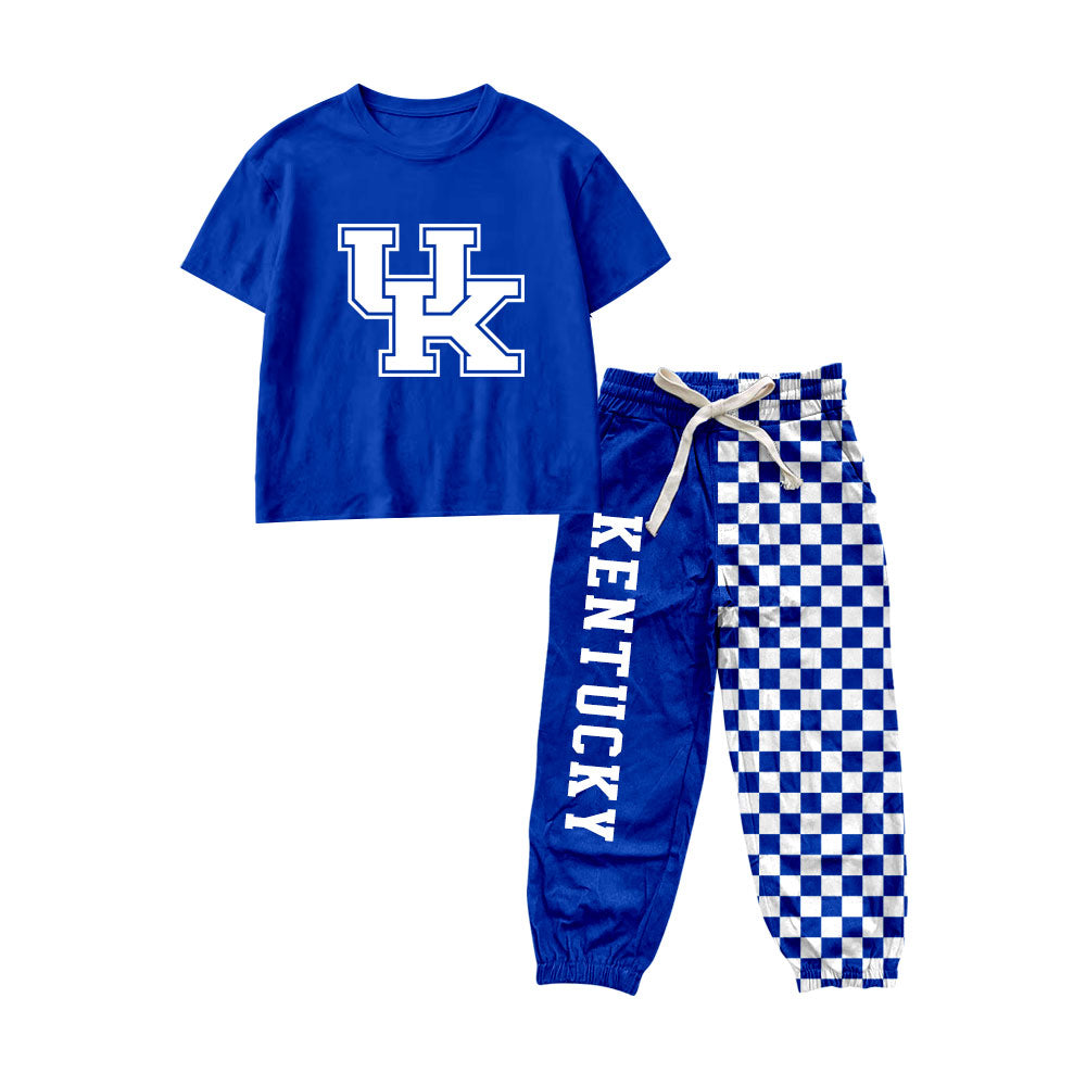 Short sleeves blue U K top plaid pants kids boys team outfits