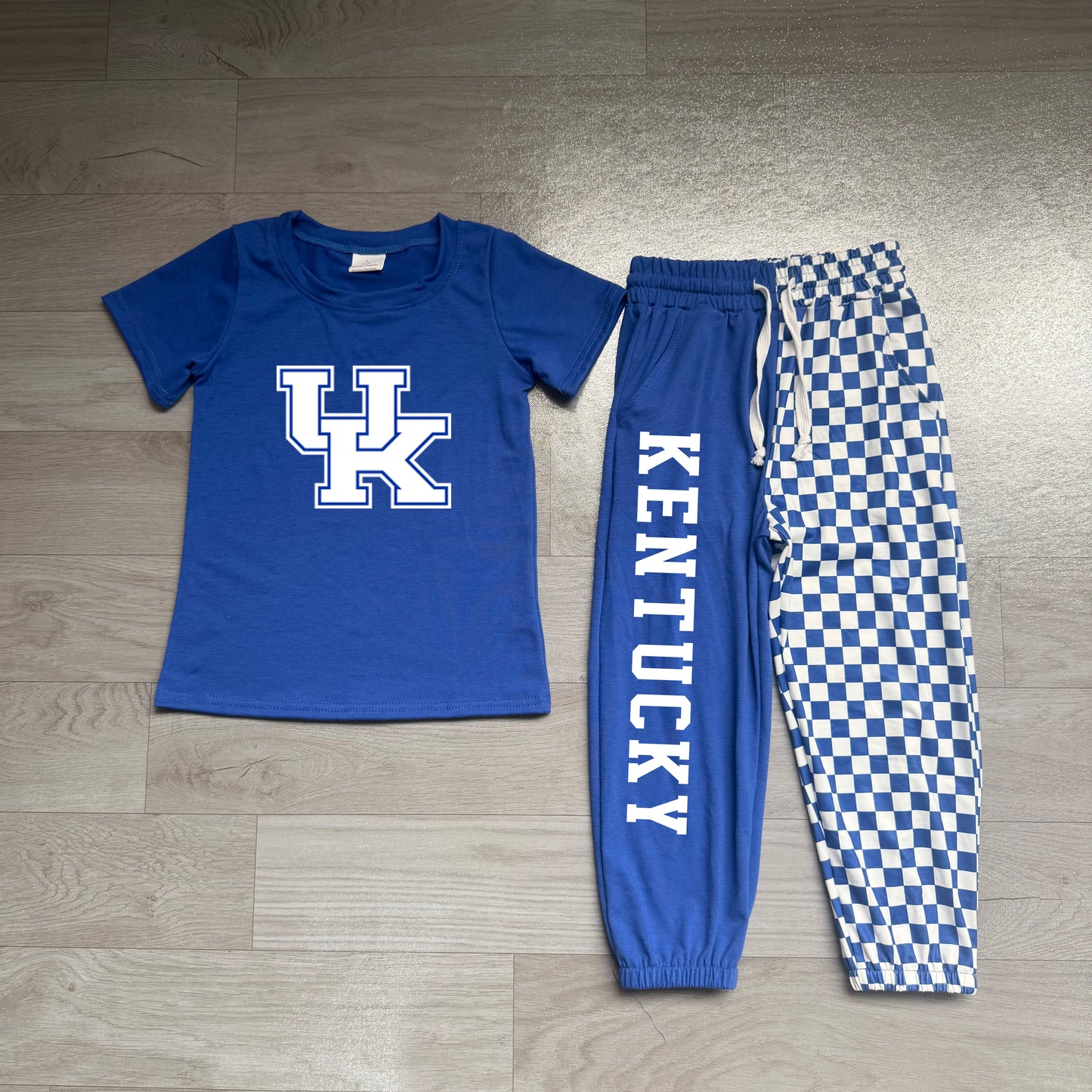 Short sleeves blue U K top plaid pants kids boys team outfits
