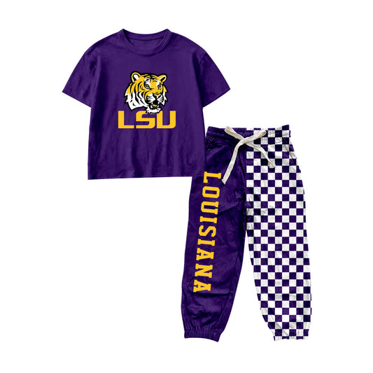 Short sleeves purple tiger top plaid pants kids boys team outfits