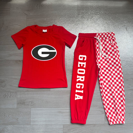 Short sleeves red G top plaid pants kids boys team outfits