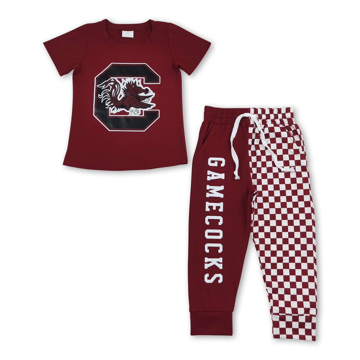 Short sleeves maroon top plaid pants kids boys team outfits