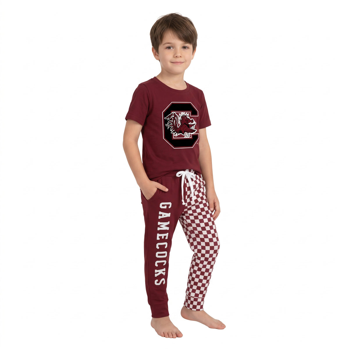 Short sleeves maroon top plaid pants kids boys team outfits
