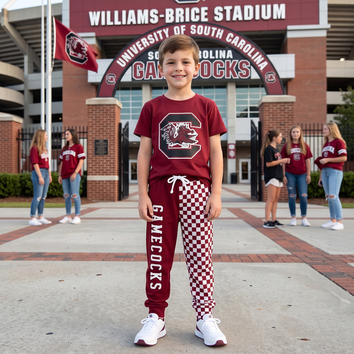 Short sleeves maroon top plaid pants kids boys team outfits