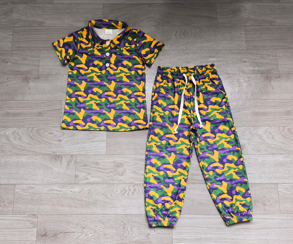 Camo polo shirt pockets pants boys Mardi Gras outfits