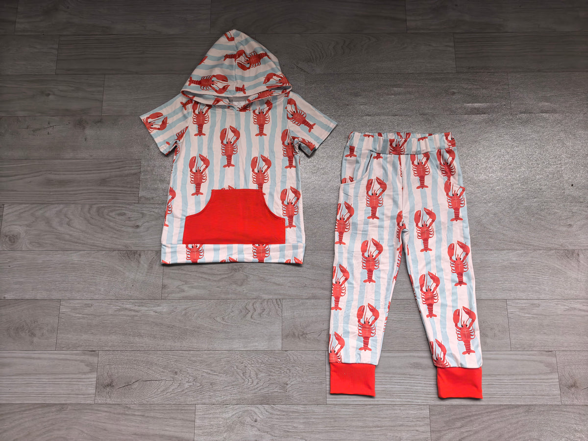 Short sleeves crawfish hoodie pants boys clothing set