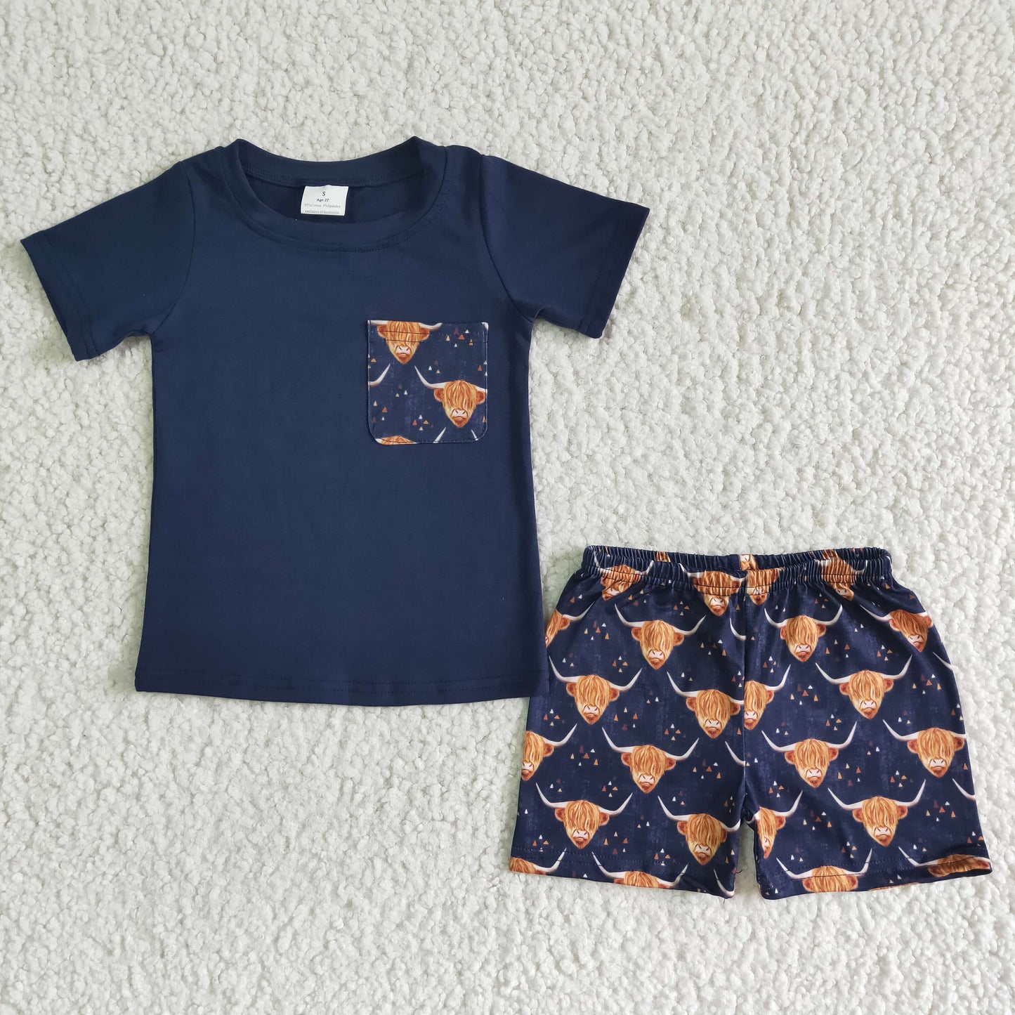 Navy cotton shirt highland cow shorts baby boy clothing