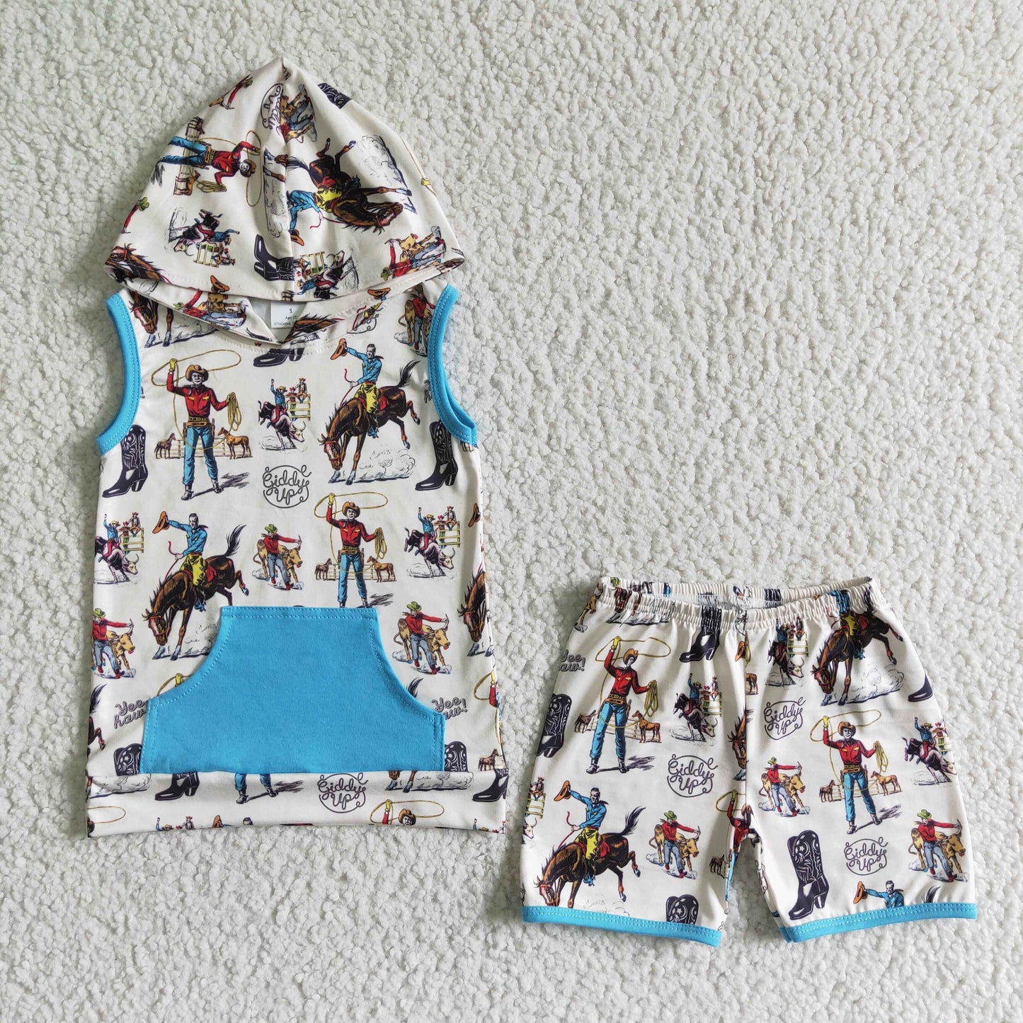 Horse print sleeveless boy rodeo hoodie set