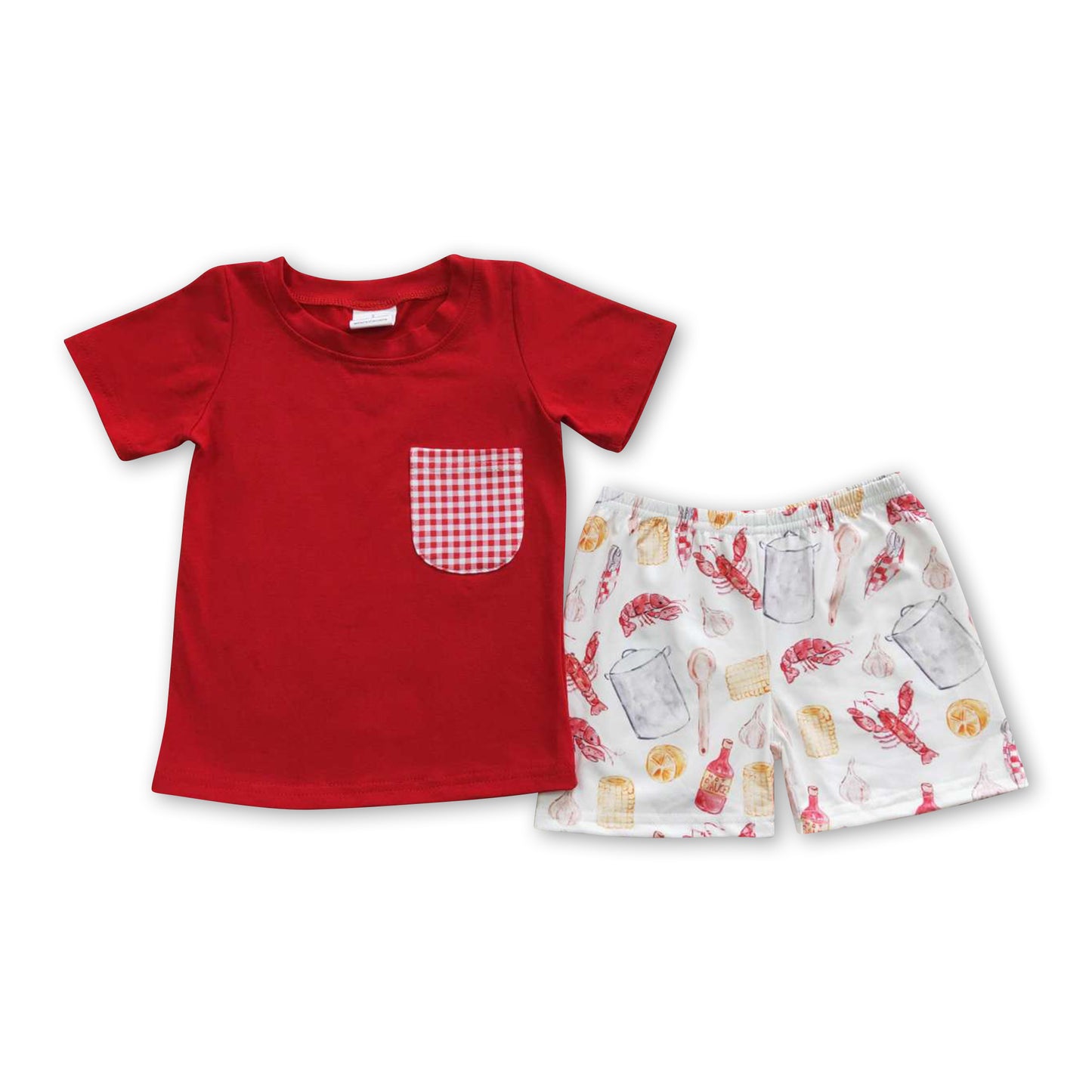 Red pocket shirt crawfish corn shorts boy clothing set