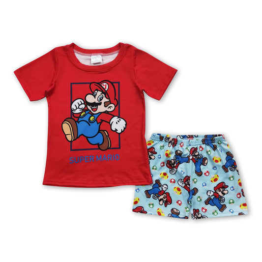 Red short sleeves shirt shorts super game kids boy clothing