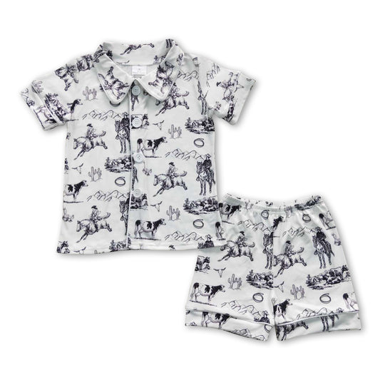 Short sleeves cow cactus western baby kids summer pajamas