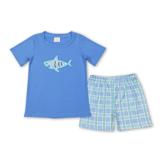 Short sleeves shark top plaid shorts boy summer clothes