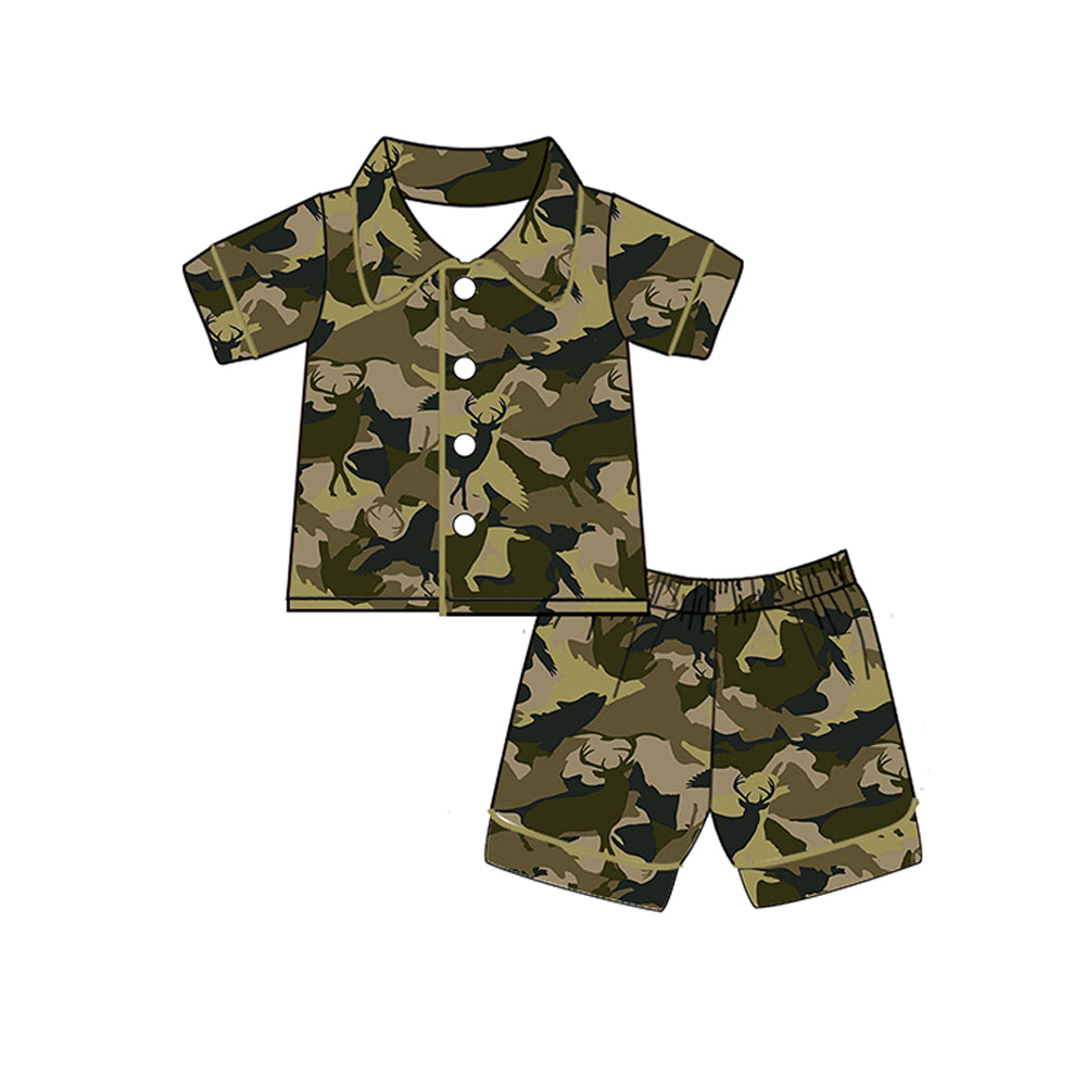 Short sleeves deer camo kids button up summer pajamas