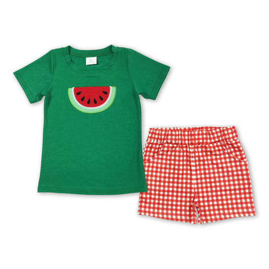 Green watermelon top plaid shorts boy summer clothes