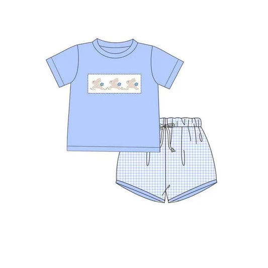 Blue bunny top plaid shorts baby boy easter outfits