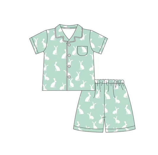 Green bunny kids boy button down easter pajamas