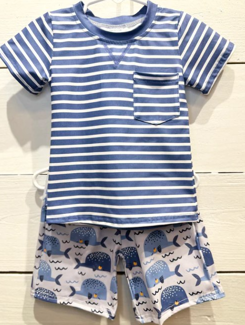 Short sleeves stripe top whale shorts boy clothing