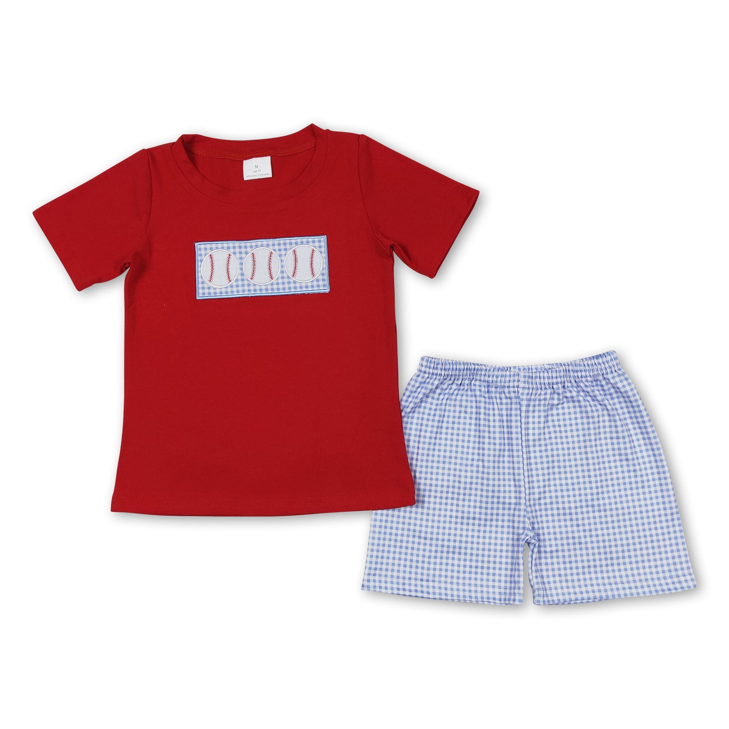 Red baseball top plaid shorts baby boys clothing set