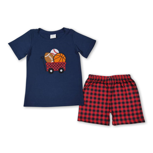 Blue balls top plaid shorts kids boys outfits