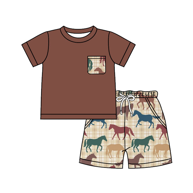 Short sleeves pocket top horse shorts boys outfits