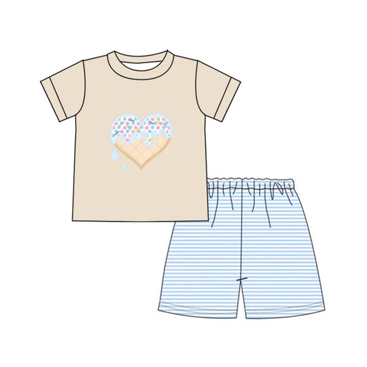 Khaki heart top stripe shorts boys valentines outfits