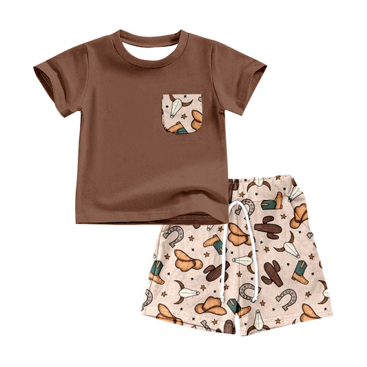 Brown pocket top shorts bull skull cactus boys clothes