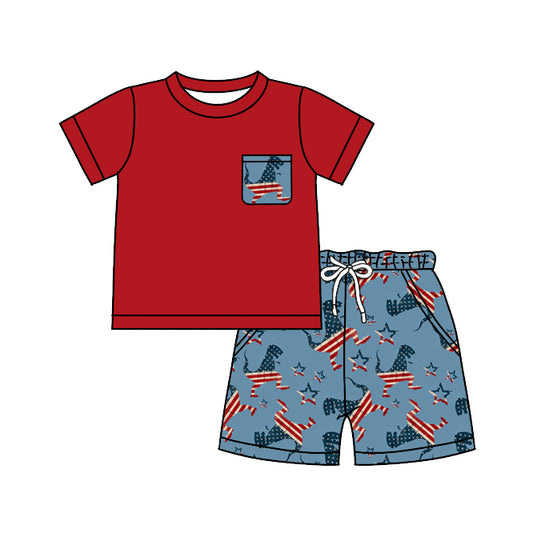 Red pocket top dinosaur shorts boys 4th of july clothes