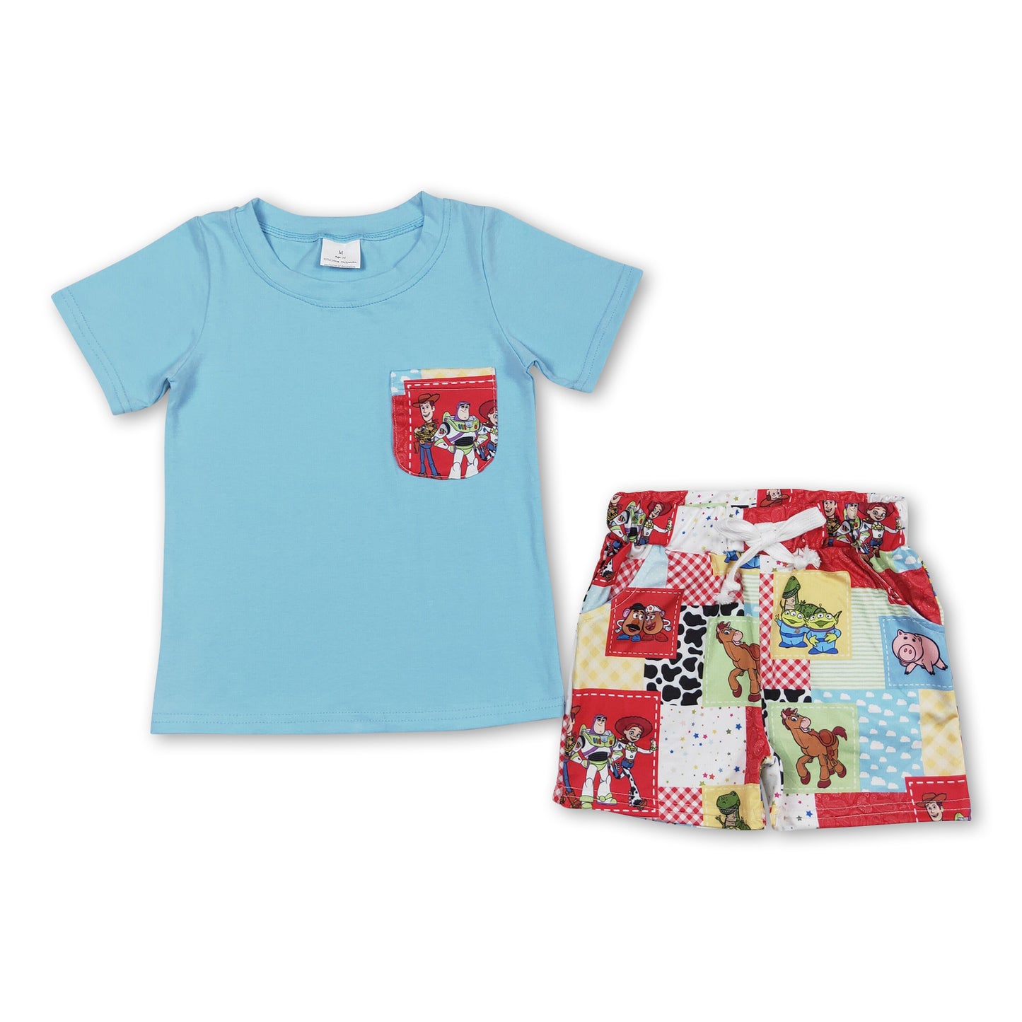 Blue pocket top toy pig patchwork shorts boys outfits