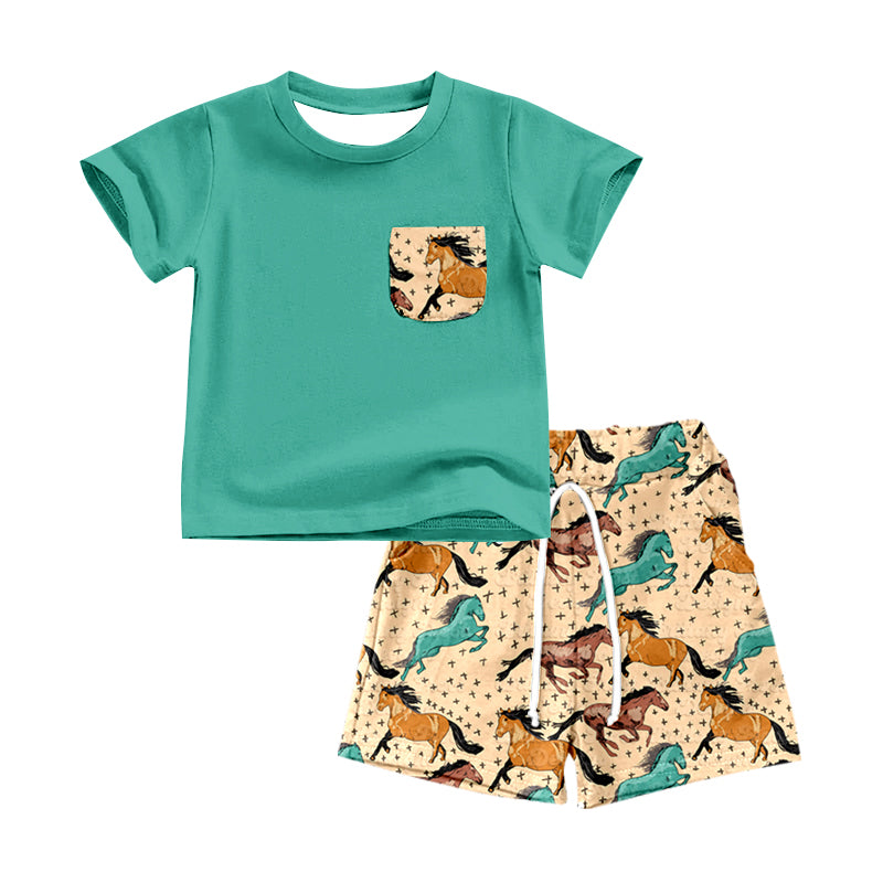 Pocket top horse shorts kids boys clothing set