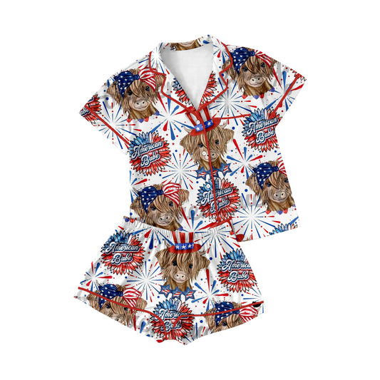 American babe highland cow kids button down 4th of july pajams