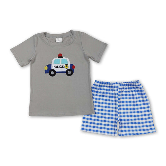 Police cart top plaid shorts boys summer outfits