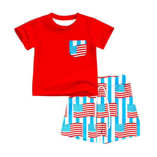 Red pocket top flag shorts boys 4th of july clothes