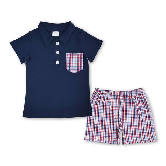 Navy polo shirt plaid shorts boys 4th of july outifts