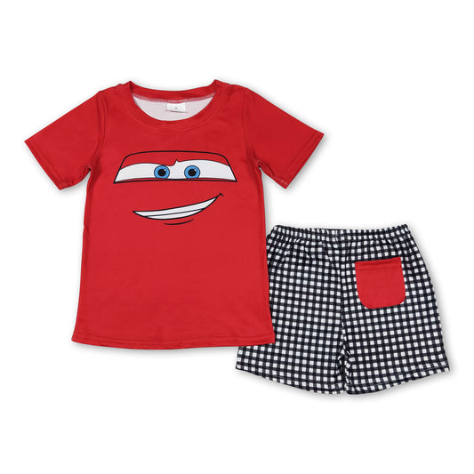 Red short sleeves top plaid pocket shorts boys outfits