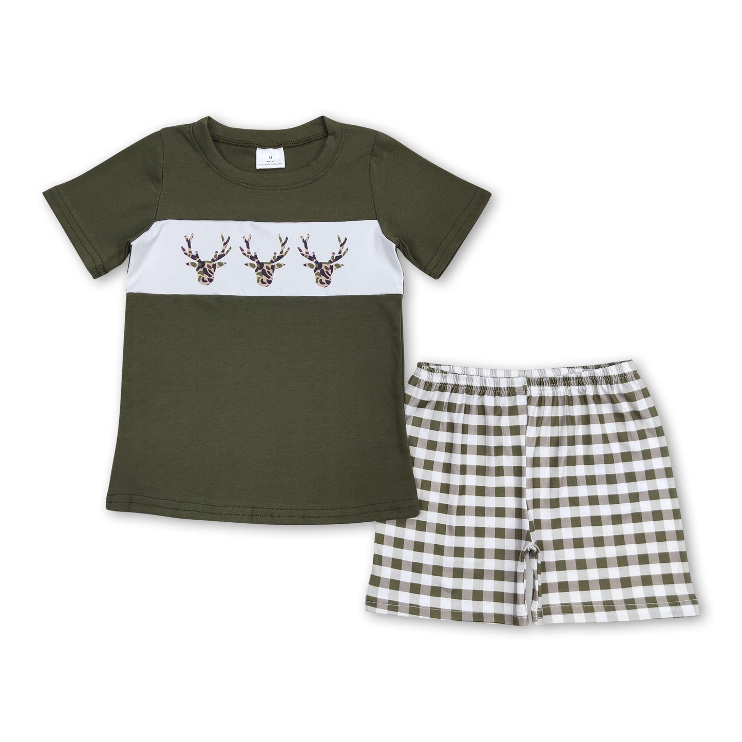 Olive deer top plaid shorts boys clothing set