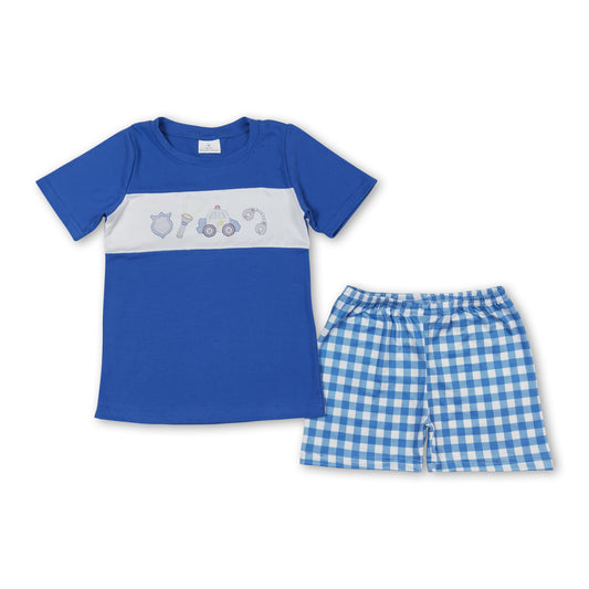 Blue police car top plaid shorts boys clothes