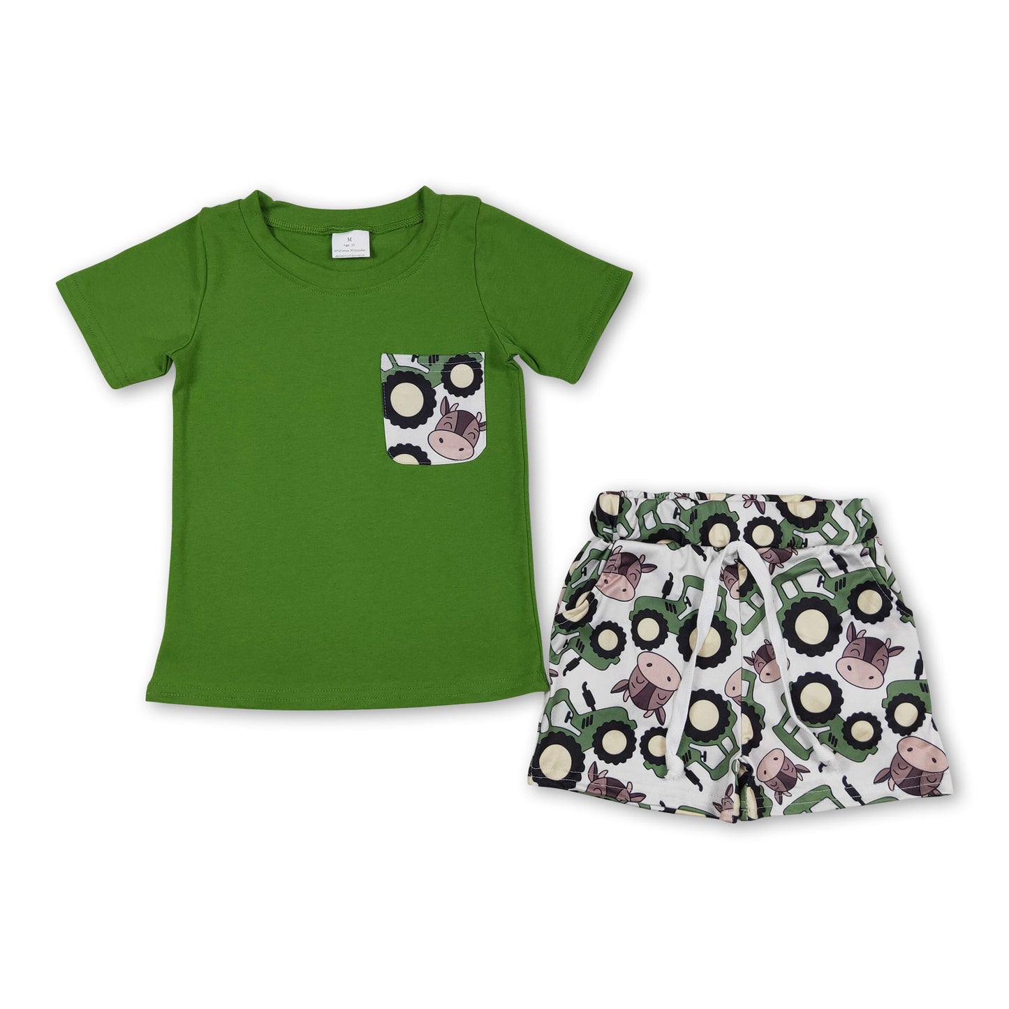 Green pocket top tractor cow shorts boys clothes