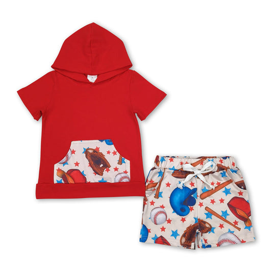 Short sleeves red hoodie baseball stars shorts boys clothes