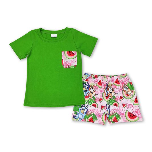 Green pocket top watermelon dog shorts boys clothes