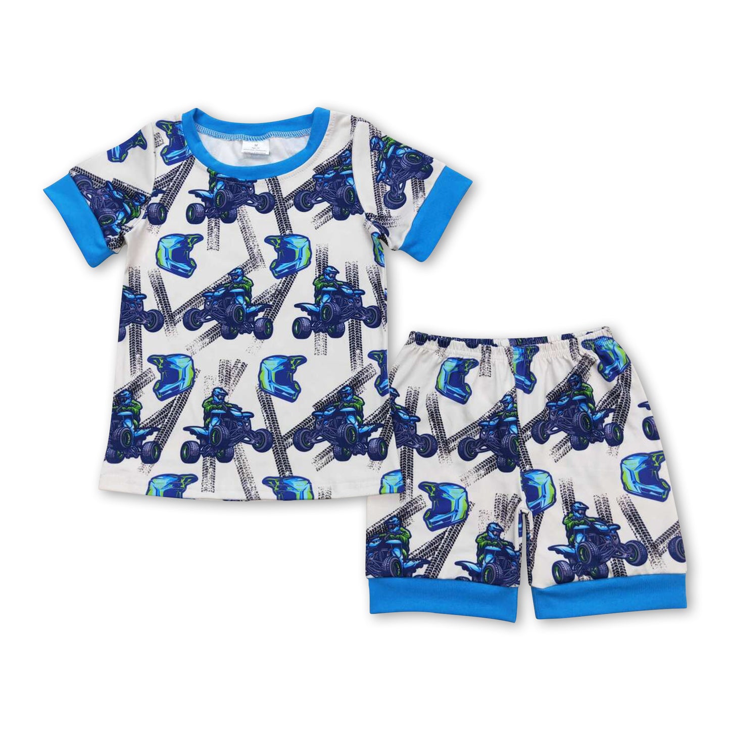 Blue short sleeves top shorts race kids boys summer pajamas