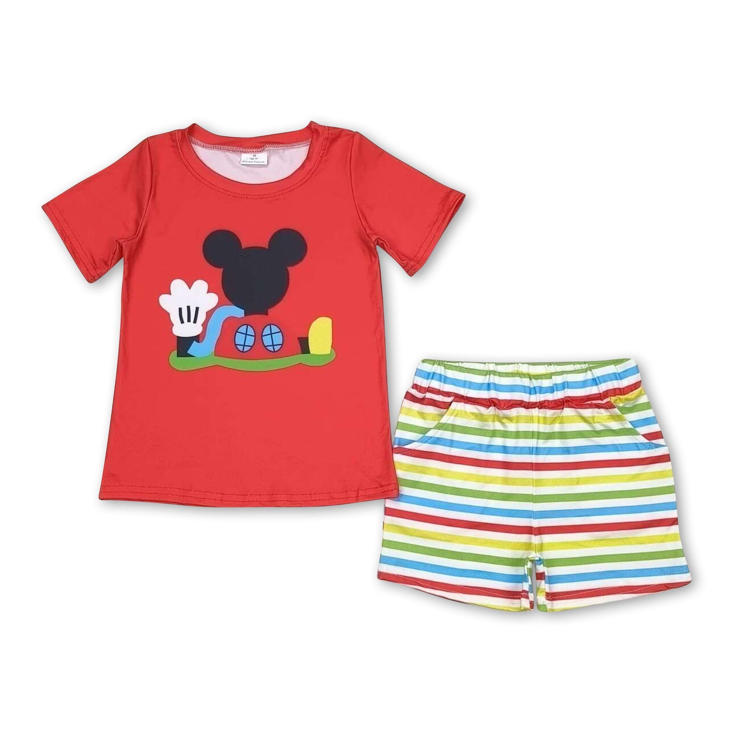 Red mouse top colorful stripe shorts boys summer set