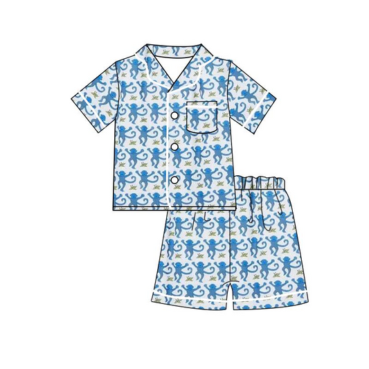 Short sleeves pocket blue monkey kids boys pajamas