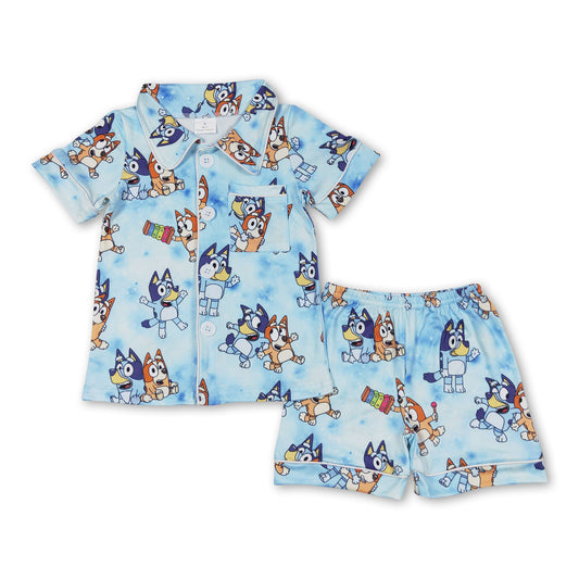 Blue short sleeves dog baby kids summer pajamas