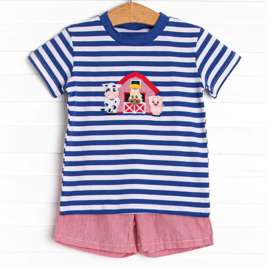 Stripe cow pig horse top shorts boys farm outfits