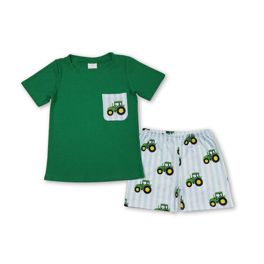 Short sleeves green pocket top tractor boys farm clothes