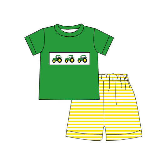 Green tractor top stripe shorts kids boys clothes